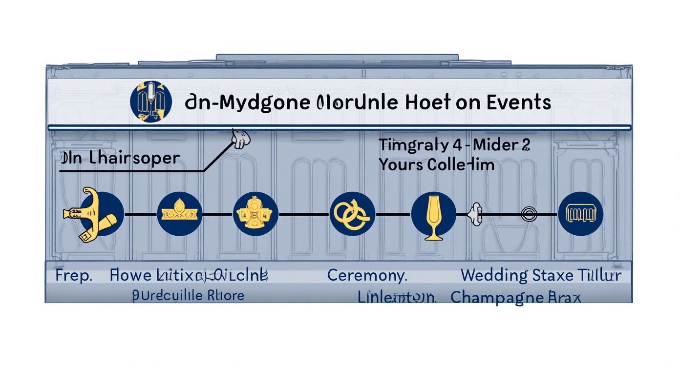 A detailed timeline flow chart for wedding planning, showing icons for preparation, ceremony, rings, champagne, and venue.
