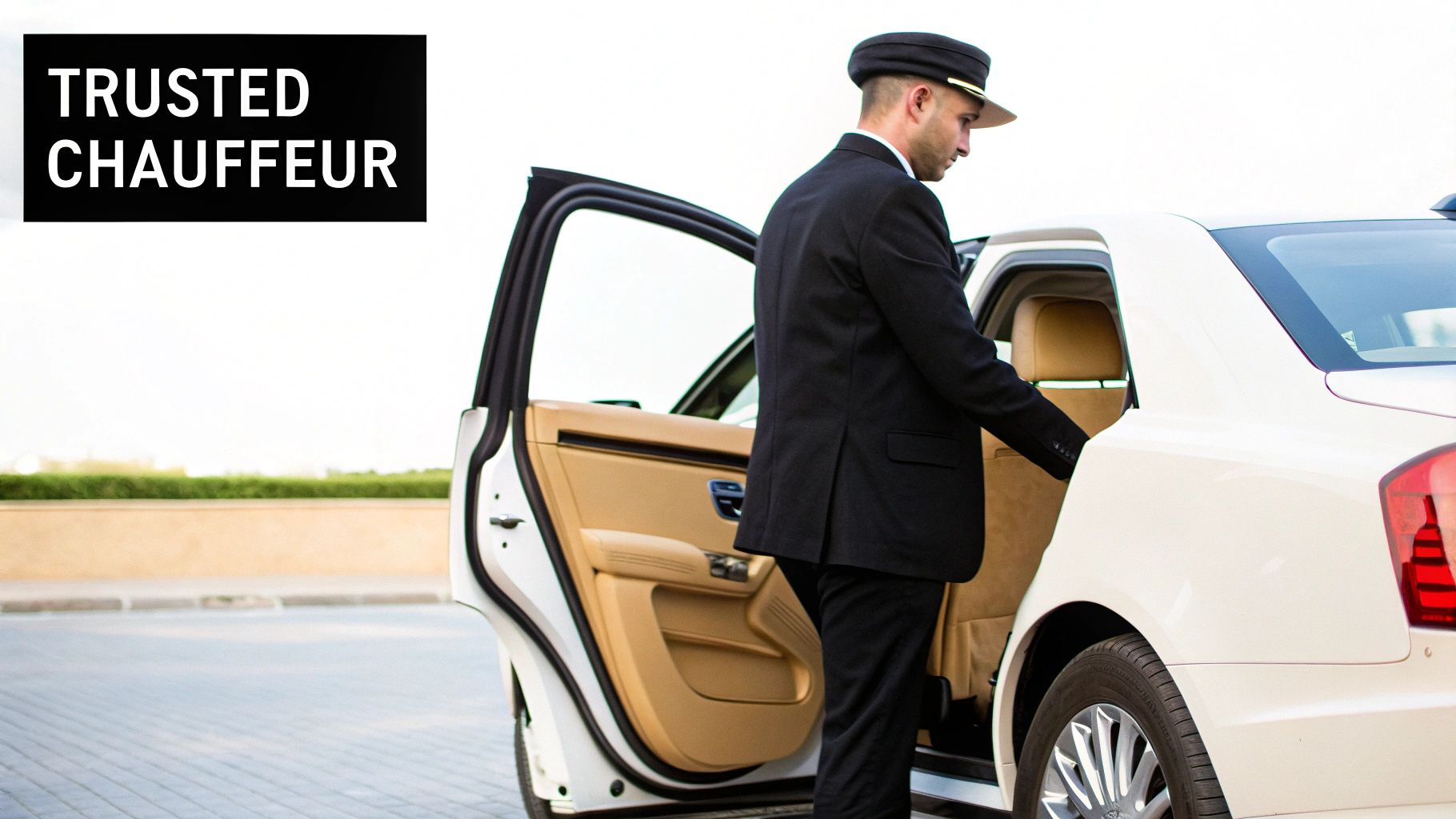 A male chauffeur in uniform opens the rear door of a white luxury car with tan interior.