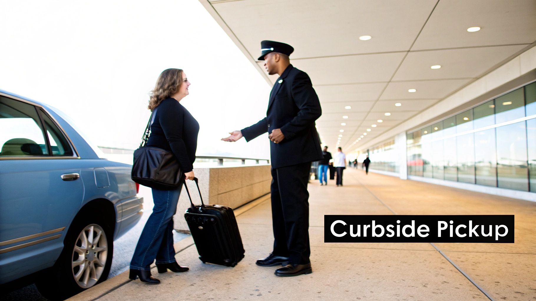 A chauffeur assists a woman with luggage next to a blue car at an airport curbside pickup.