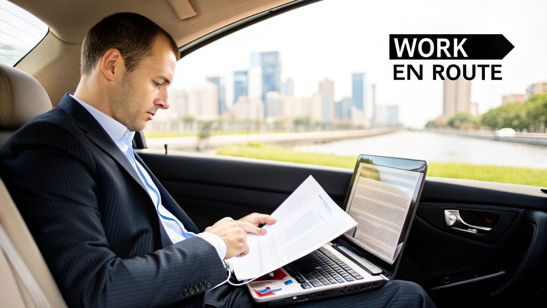 A businessman works on a laptop and documents in the backseat of a car, with a city view outside.