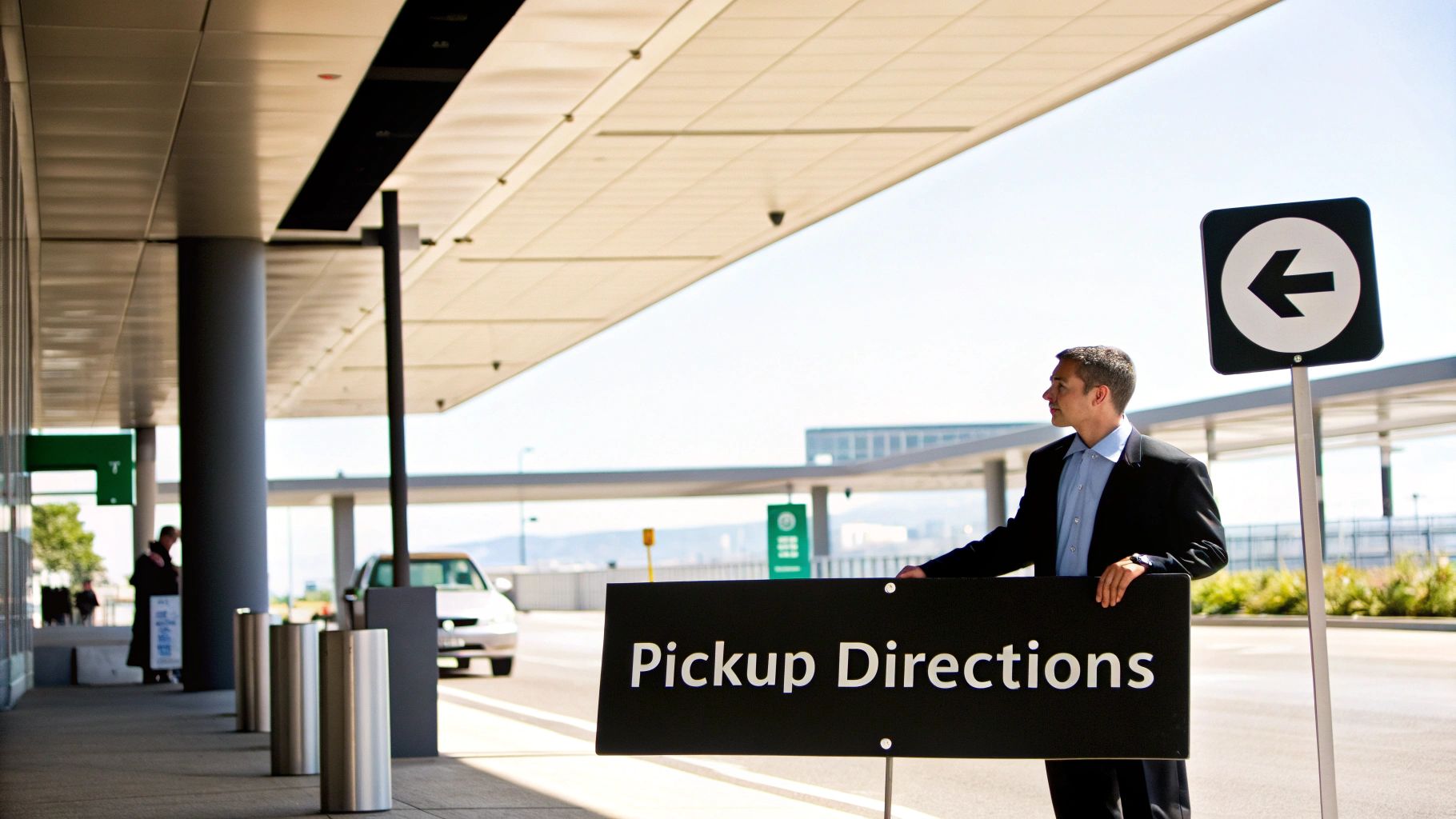 A professional-looking man holds a black "Pickup Directions" sign at an airport pick-up zone.