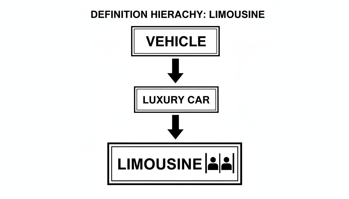 A definition hierarchy diagram showing 'Vehicle' above 'Luxury Car,' which is above 'Limousine' with passenger icons.