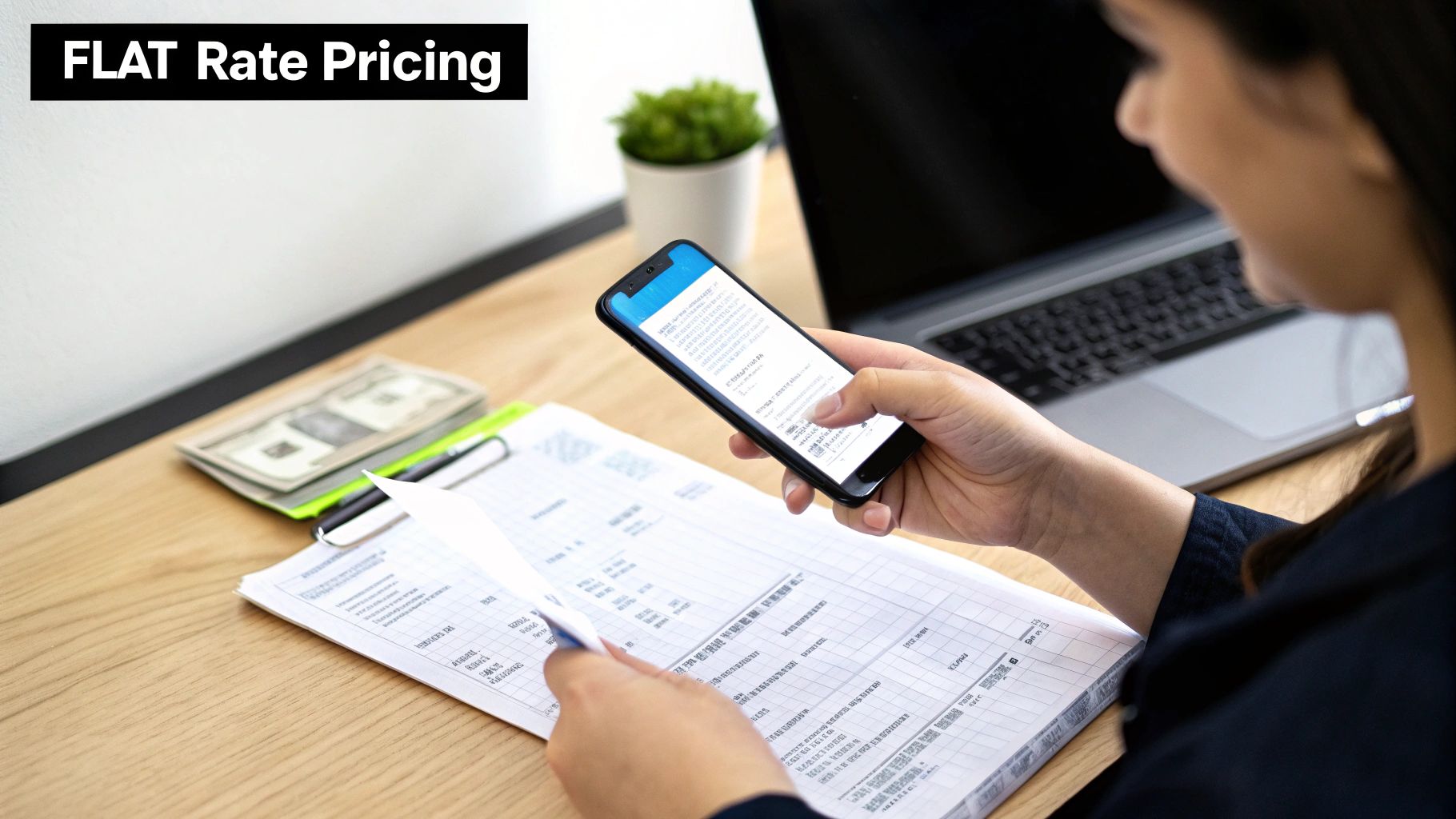 Person at a desk reviewing documents and using a smartphone, with a 'FLAT Rate Pricing' banner.