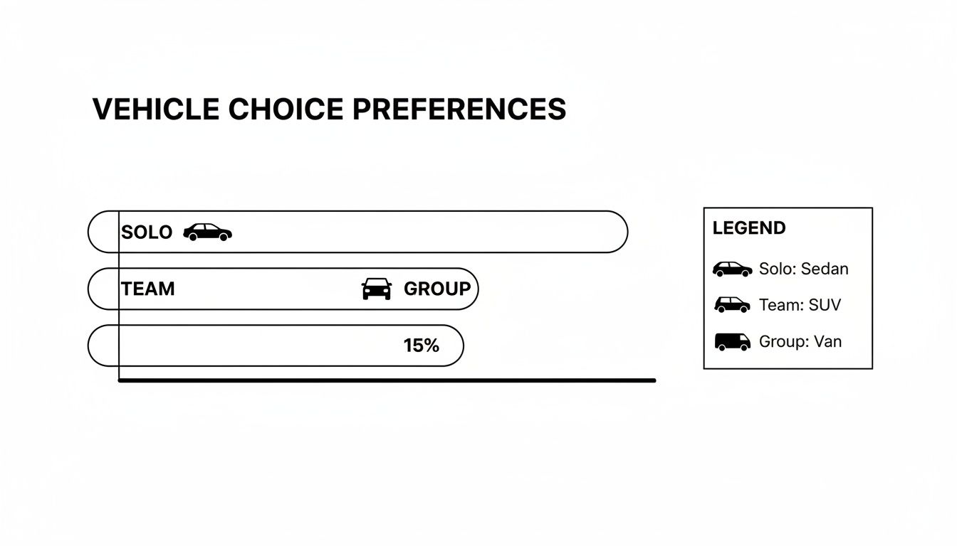 A chart illustrating vehicle choice preferences for solo, team, and group travel, with associated vehicle types.