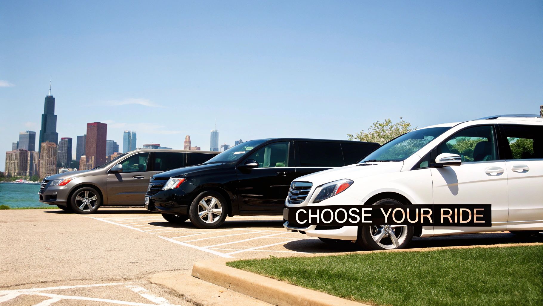 Three luxury vans (white, black, gray) parked by a lake with Chicago skyline, promoting private car service.