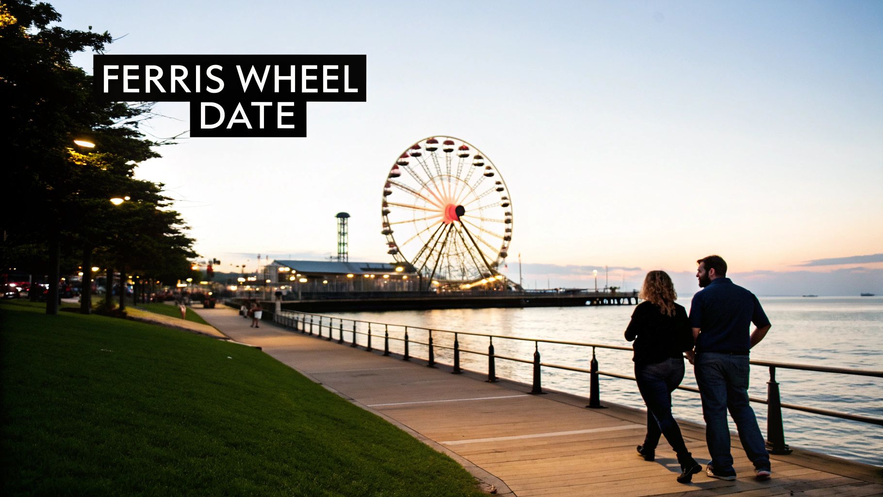 A couple on a romantic evening walk past a brightly lit Ferris wheel at a lakeside pier.