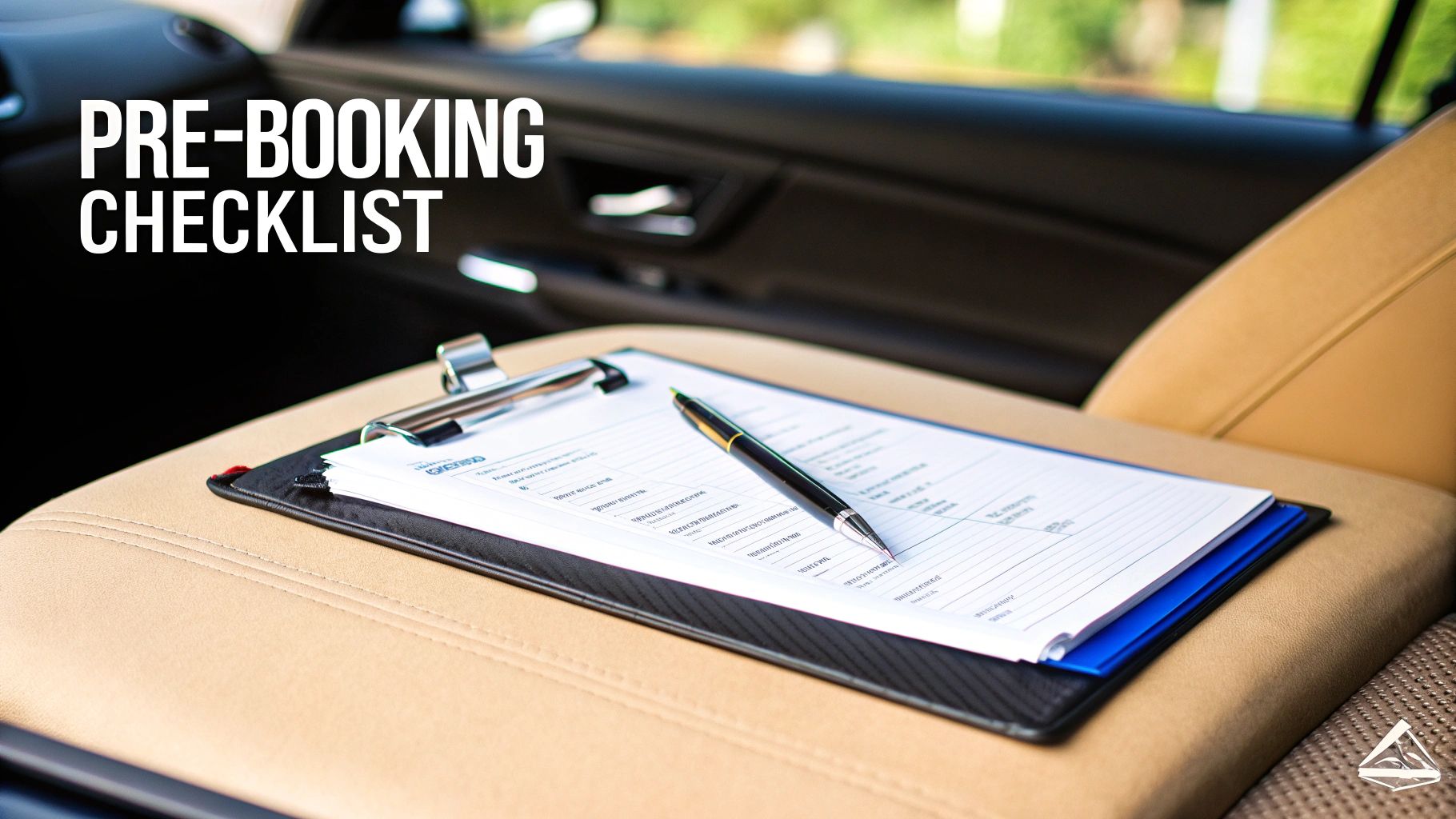 Pre-booking checklist on a clipboard with a pen, resting on a tan car interior armrest.