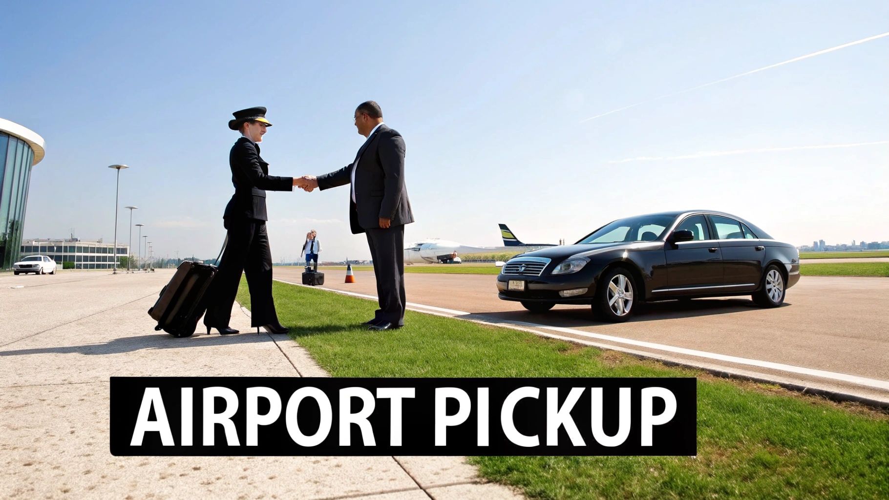 A pilot and a businessman shake hands at an airport beside a private car, with a plane in the background.