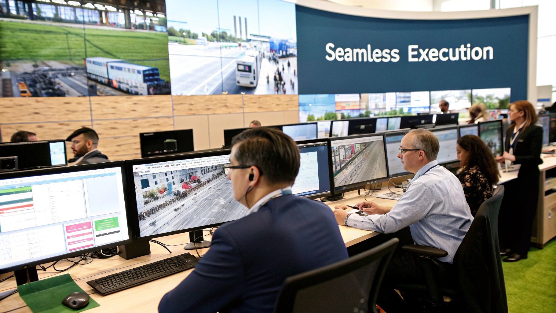 A team works together on laptops in a modern office, planning event marketing campaigns on a large screen.