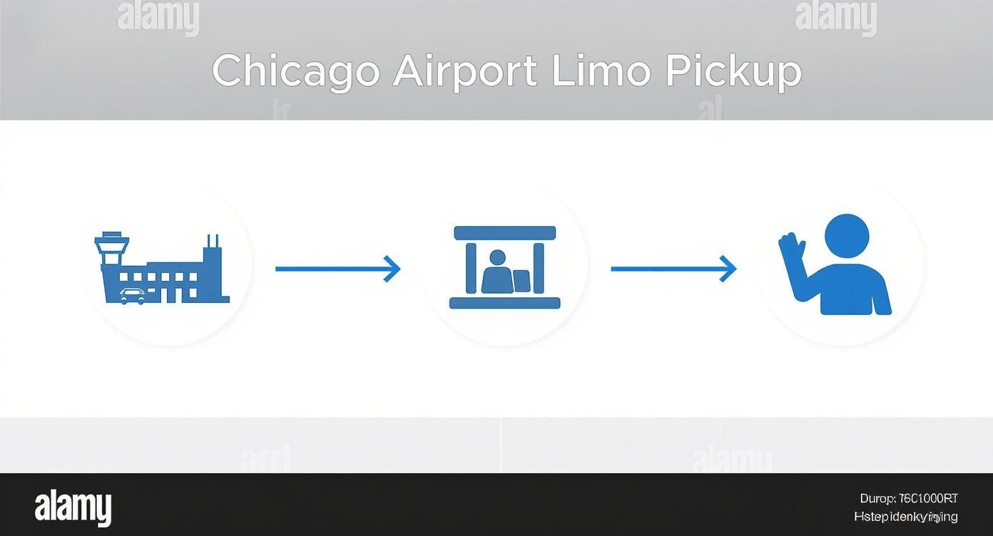 Chicago airport limousine pickup service process showing airport, vehicle, and passenger greeting illustration