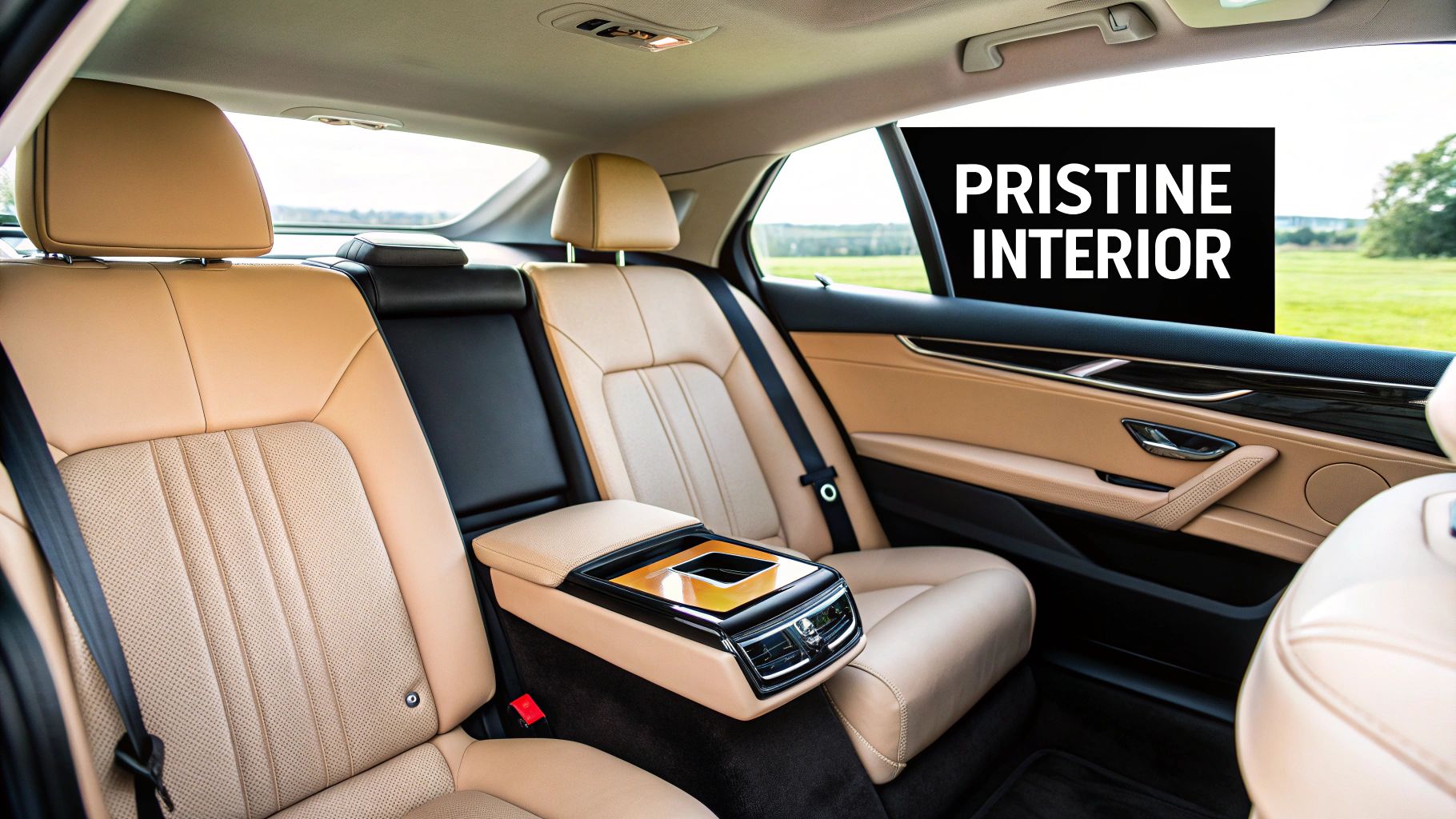 A luxurious car interior showcasing pristine tan leather back seats, a center console, and door panel.