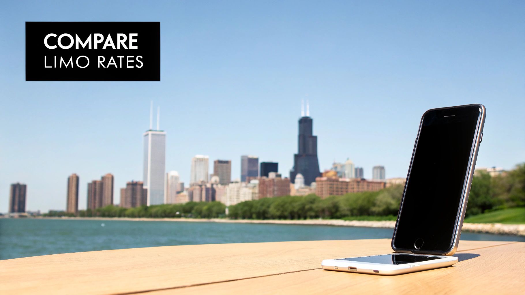 Smartphones on a wooden table with the Chicago skyline and a lake, featuring 'COMPARE LIMO RATES' text.