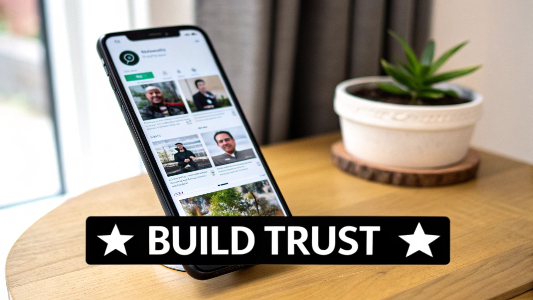 A smartphone screen showing an app with various user profiles and photos, alongside a 'BUILD TRUST' banner.