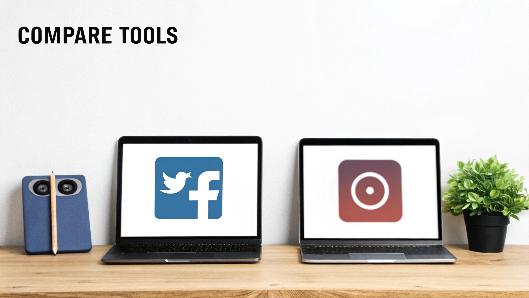 Two laptops on a wooden desk display social media logos for Facebook, Twitter, and Instagram, for tool comparison.