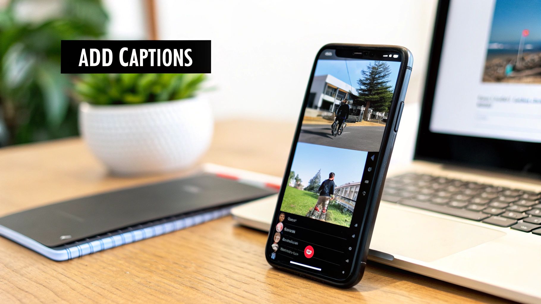 A smartphone displays a video editing app with two clips and an 'ADD CAPTIONS' prompt, resting against a laptop.