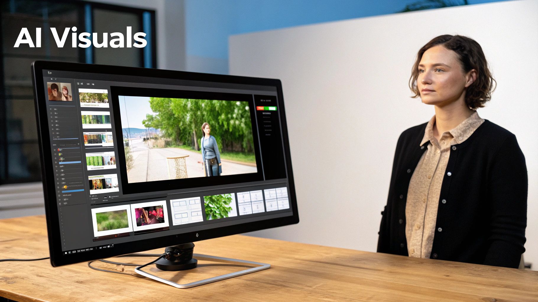 Woman viewing AI-generated video editing software interface displaying scene with person walking outdoors