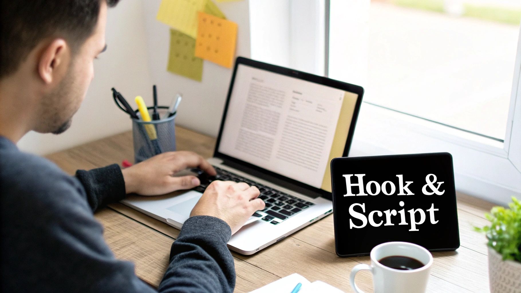 A person writing a marketing video script on a laptop.