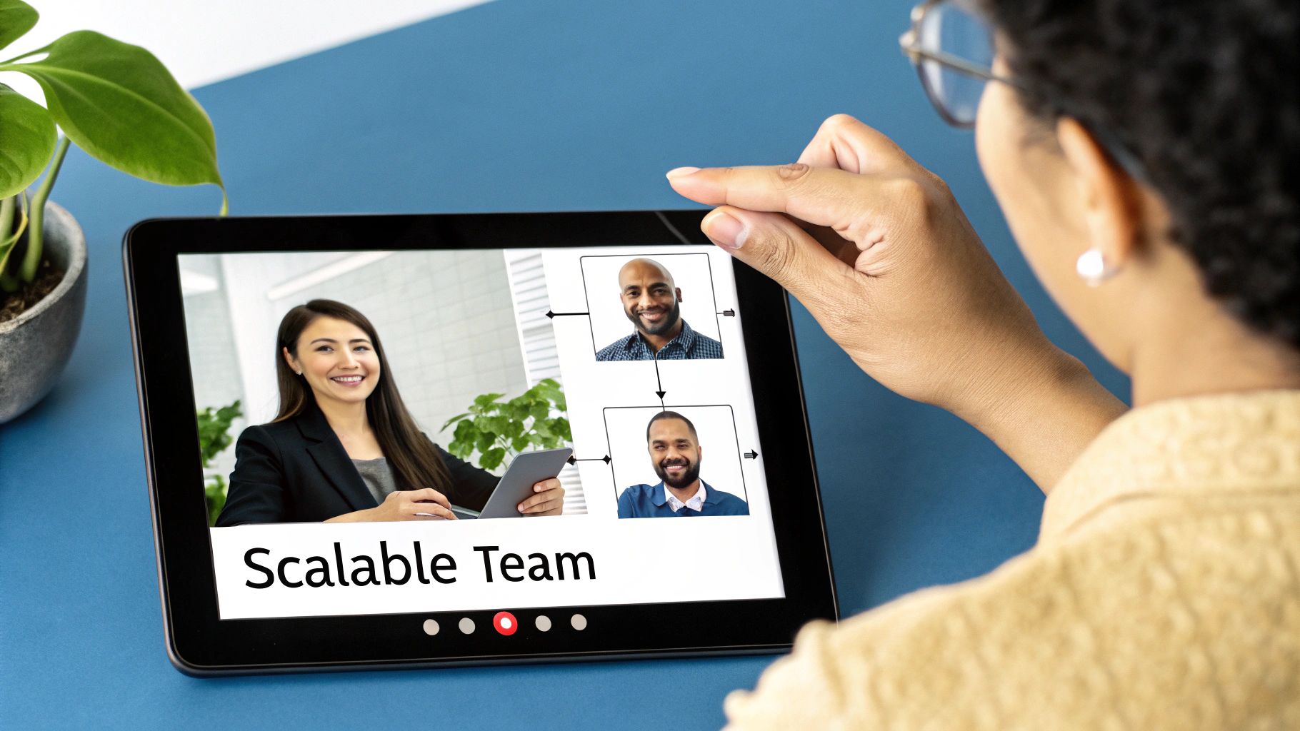 Group of diverse professionals collaborating on a content project in a modern office.