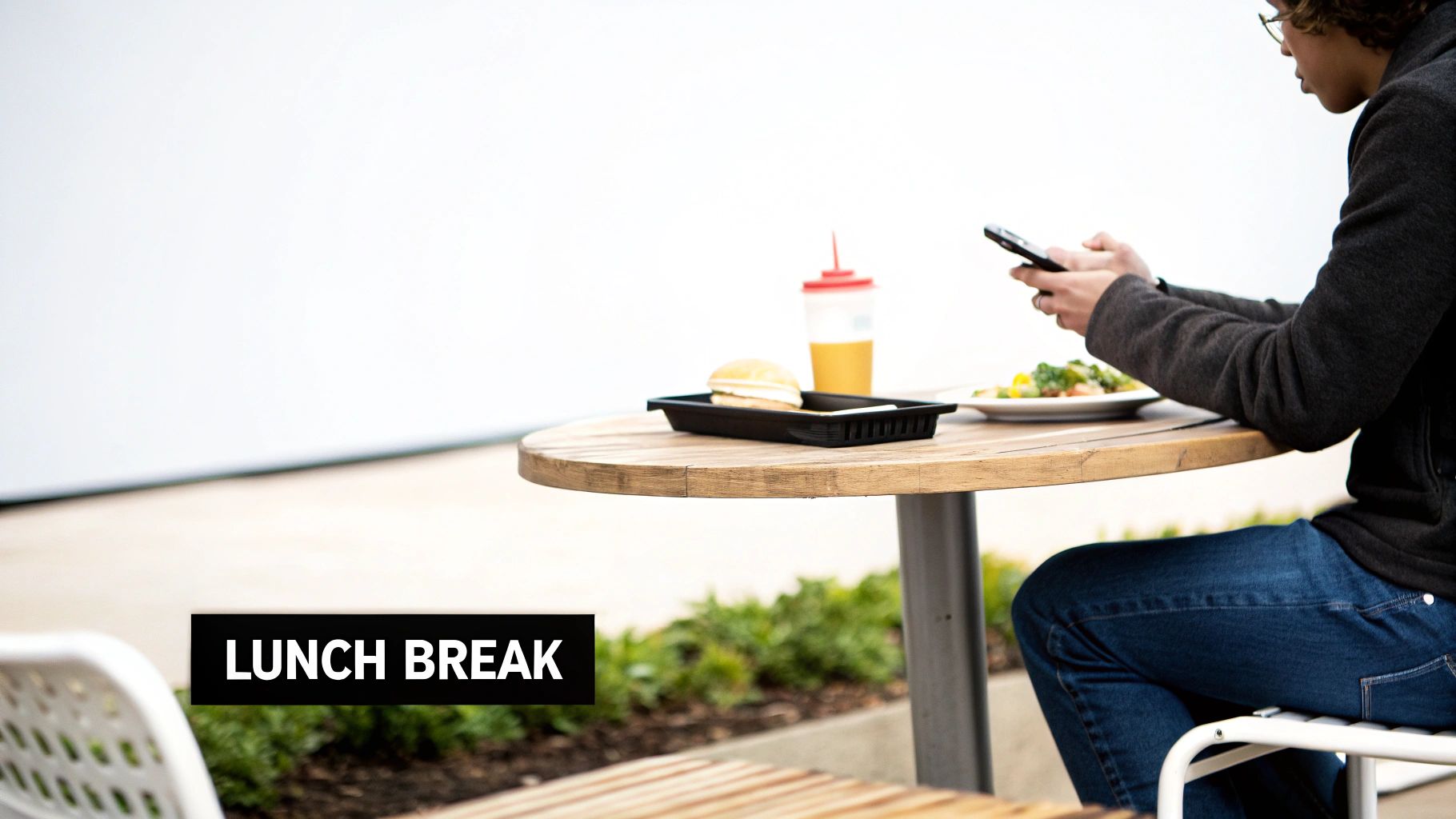 A person on a lunch break outdoors, looking at their phone with food and a drink on a table.
