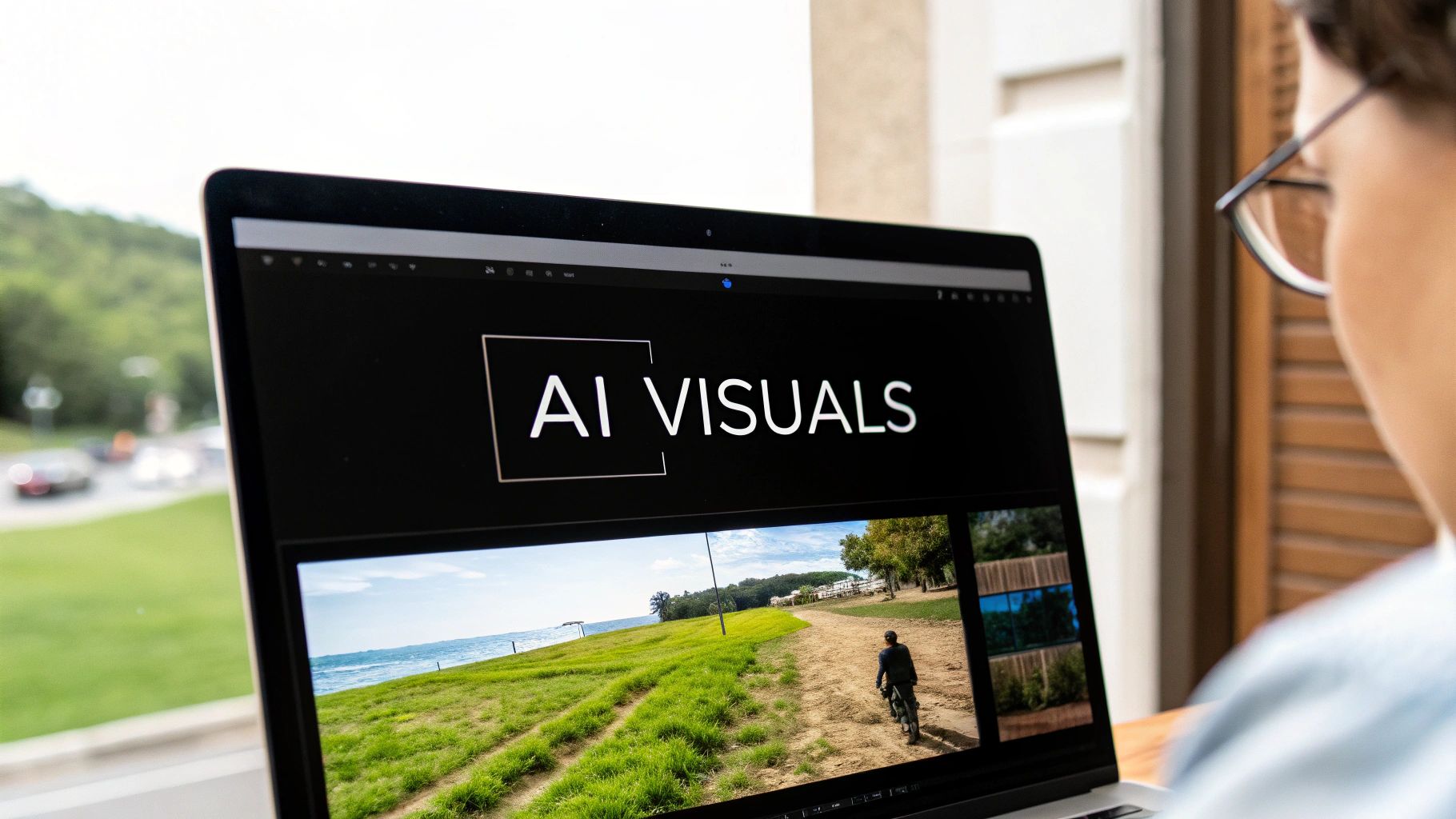 A person editing a video on a laptop, with a timeline and media clips visible on the screen.