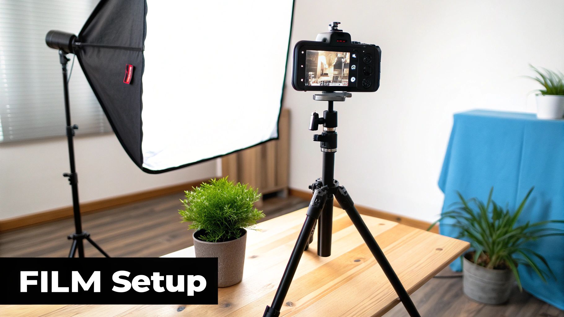 A person setting up a camera and lighting equipment for a video shoot.