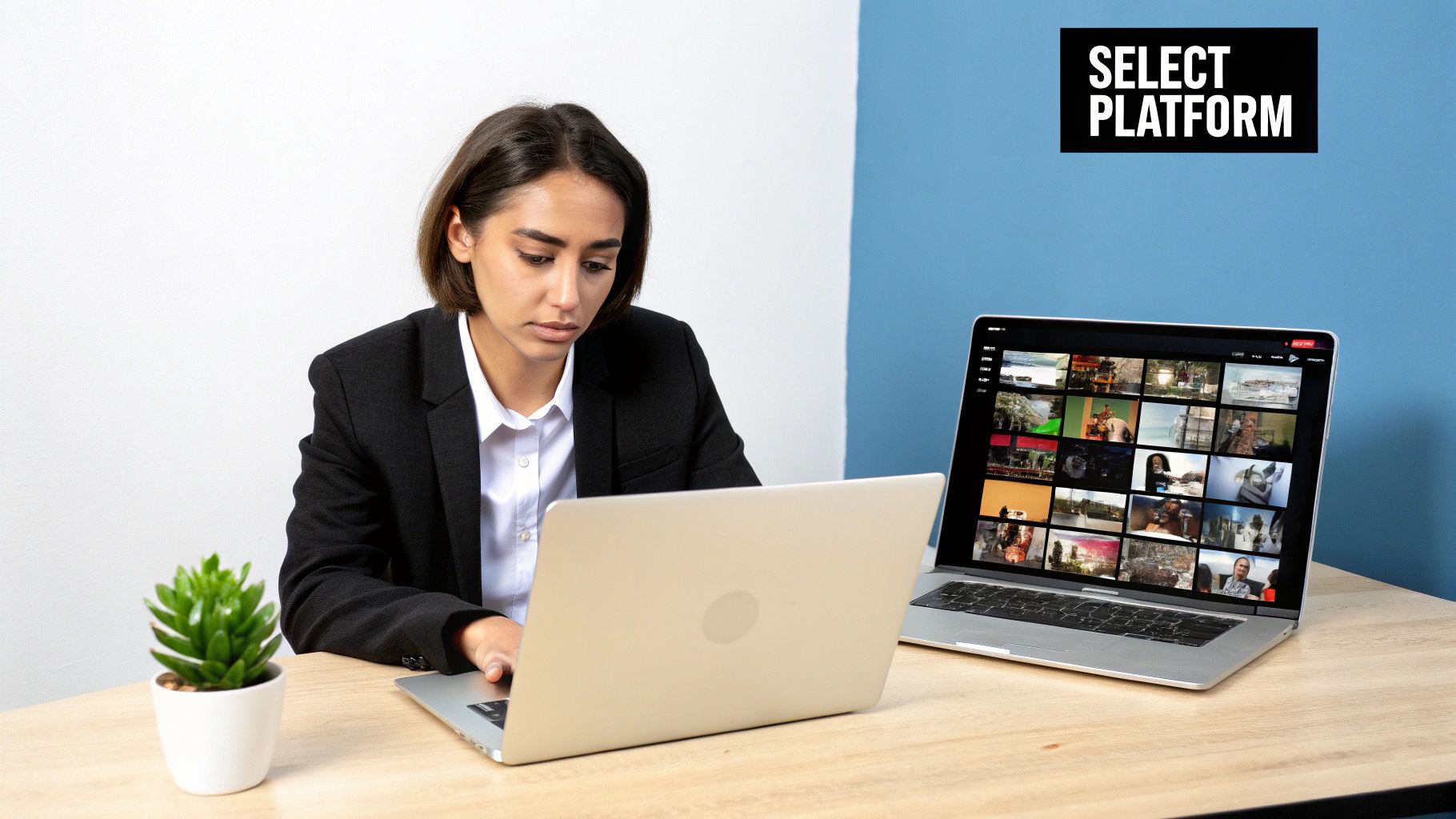 A person at a desk sketching out a video storyboard on a tablet, surrounded by notes.