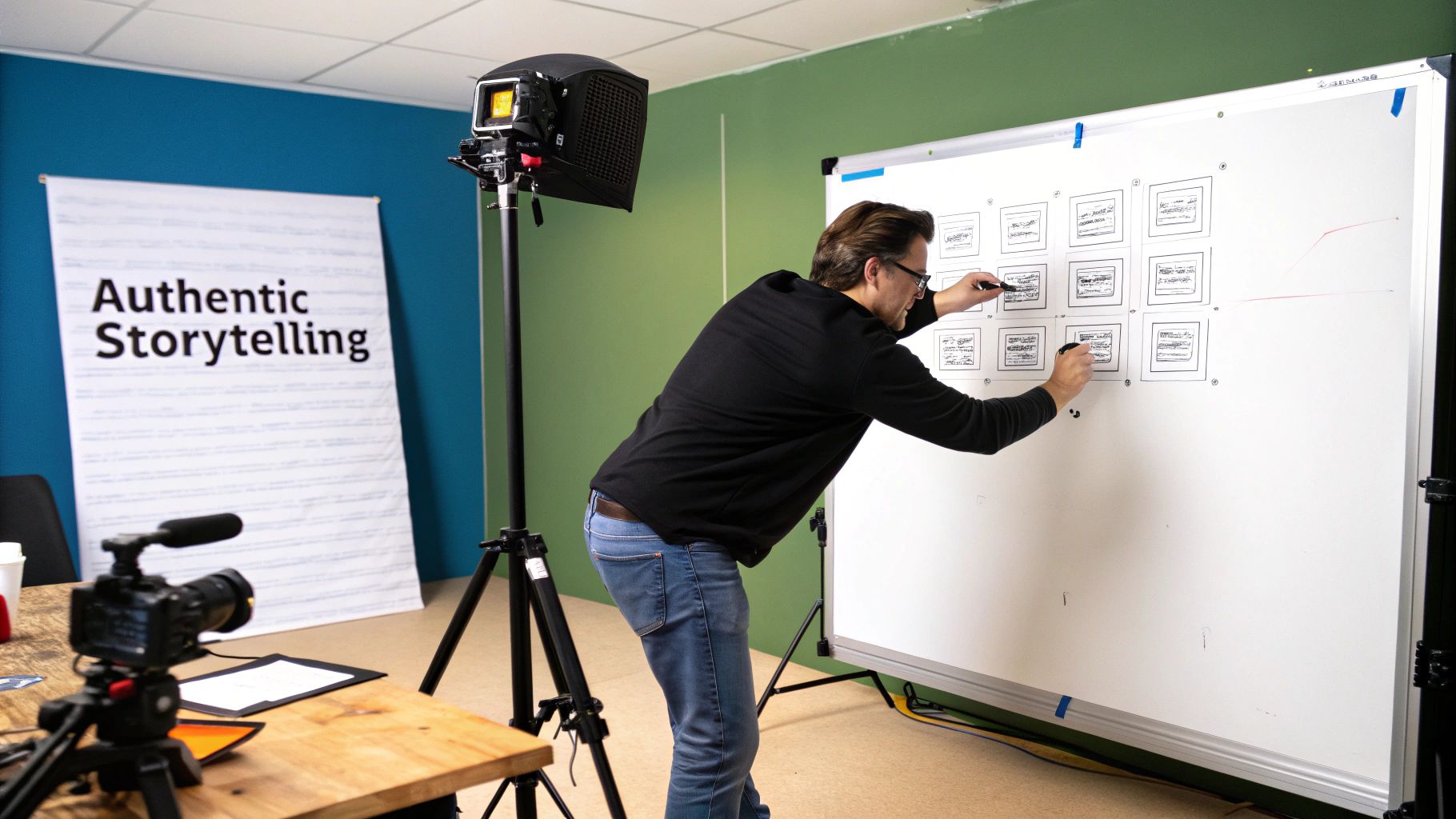 A person smiling while filming themselves with a smartphone.