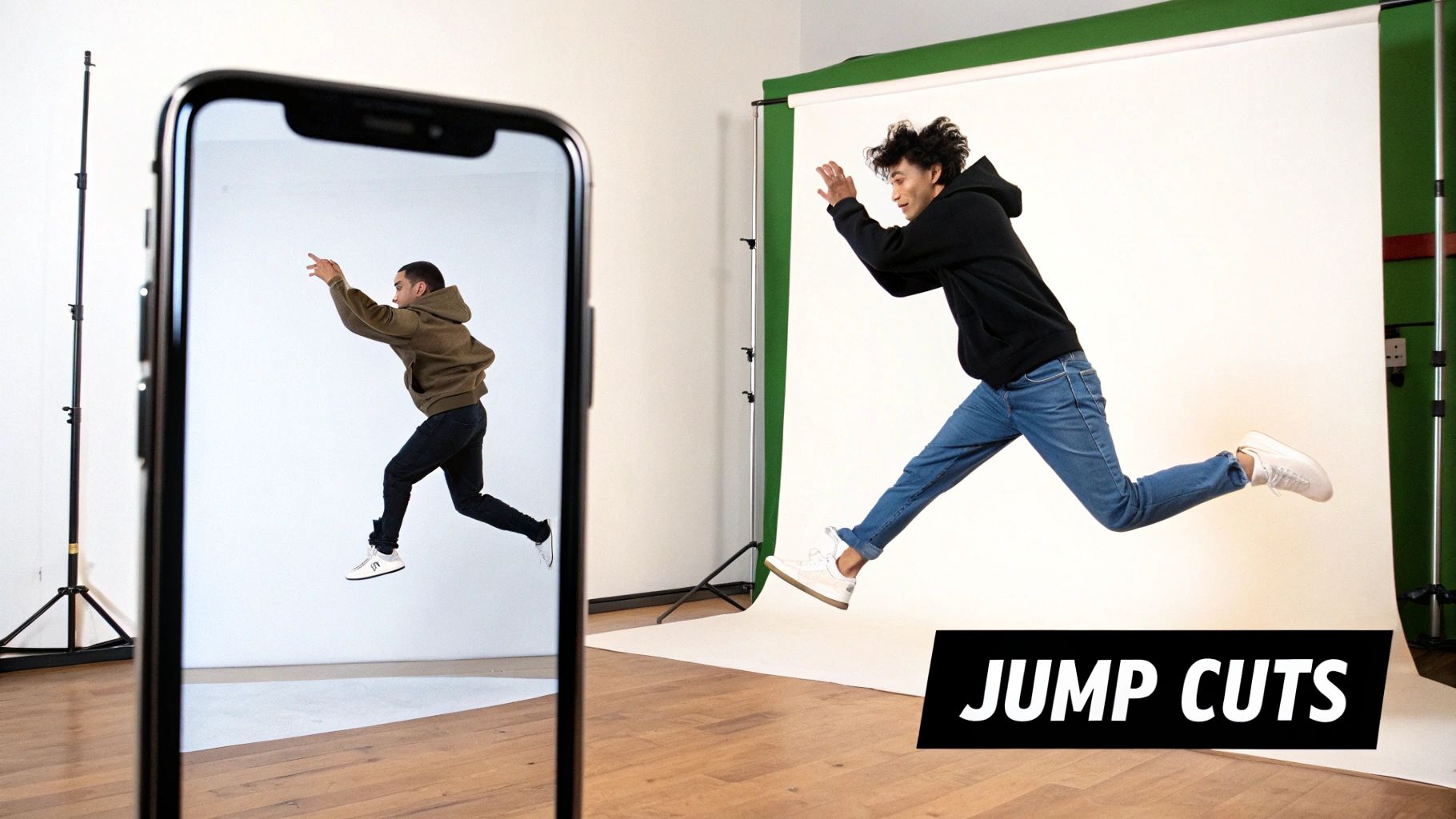 Two men jumping in a studio, one viewed through a smartphone screen, illustrating jump cuts.