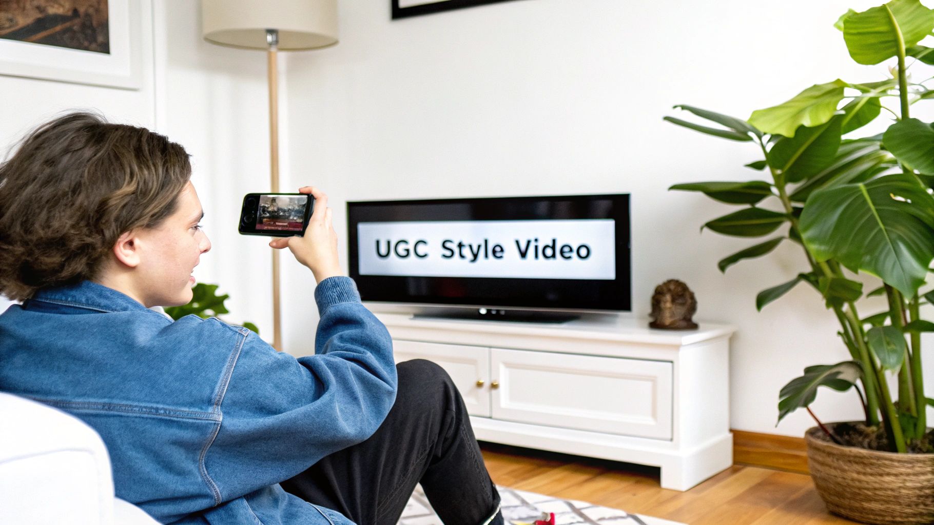 A person holding a phone, recording a video of a product in a natural, home-like setting.