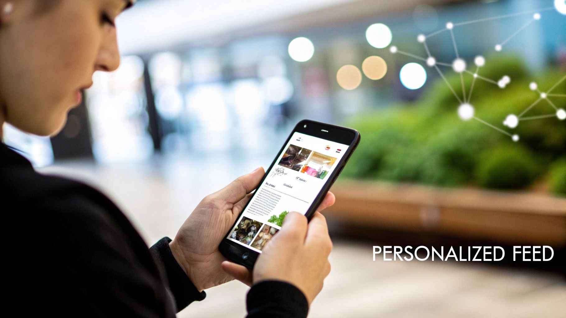 A person views a smartphone displaying a personalized content feed, with a network graphic overlay in the background.