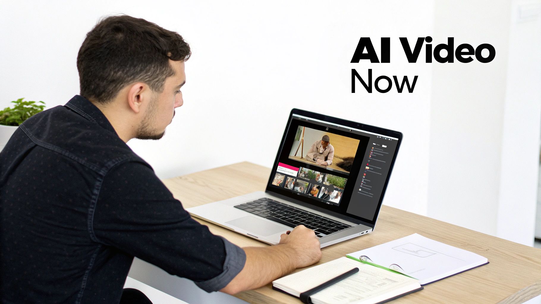 A woman using a laptop with an AI video creation interface on the screen
