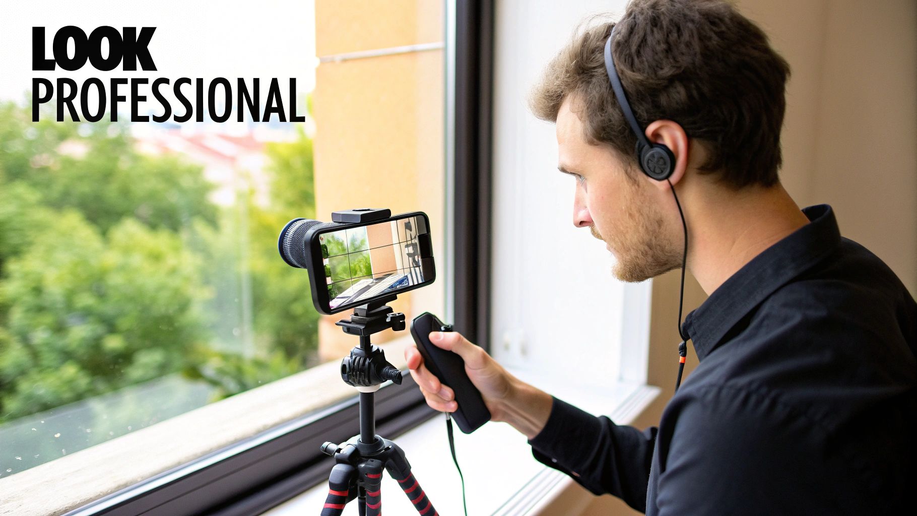 A person setting up a smartphone on a tripod in front of a window for good lighting.
