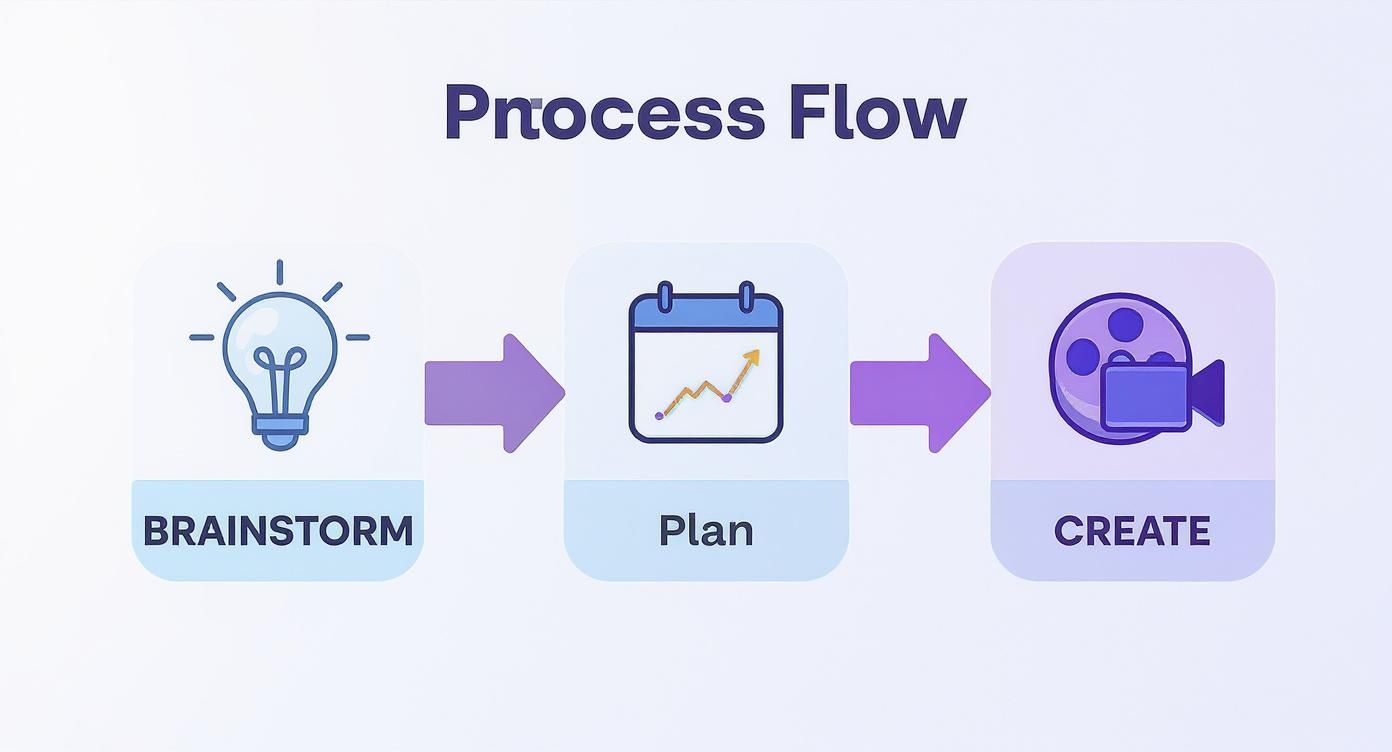 Infographic showing a three-step process flow: brainstorm (lightbulb), plan (calendar), and create (video camera).