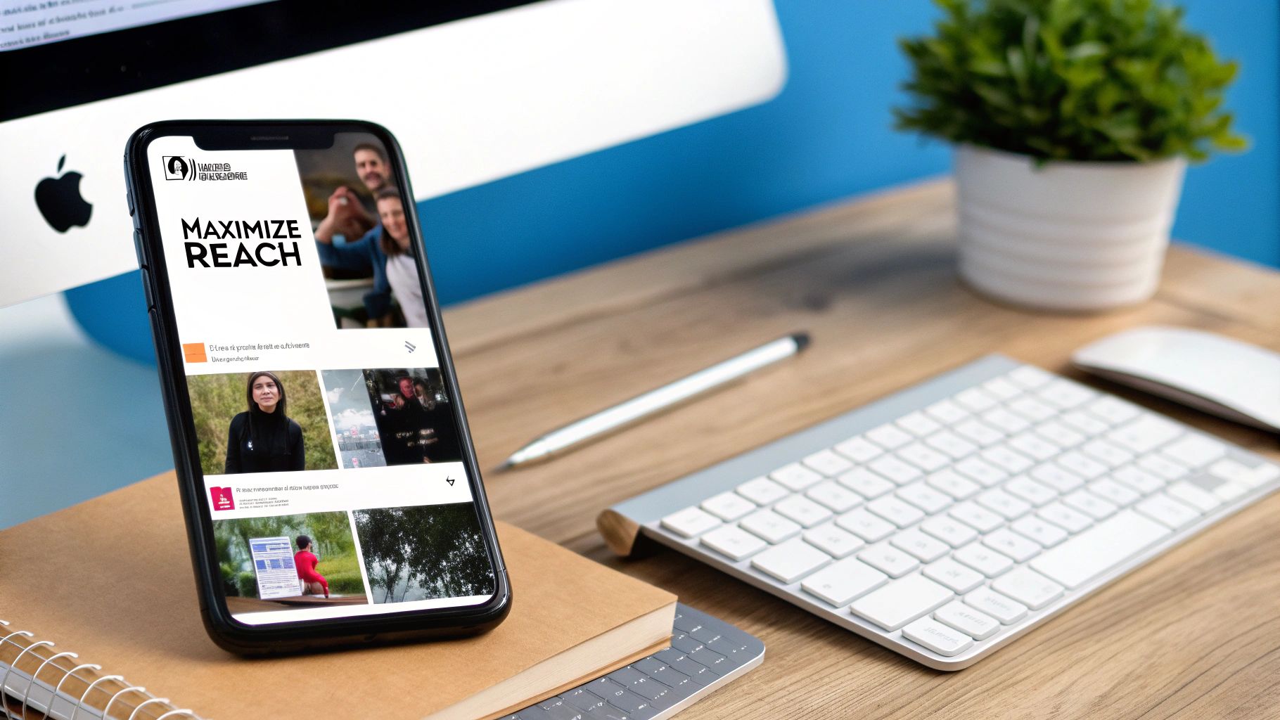 A person sharing a video from their laptop to various social media icons floating around them.
