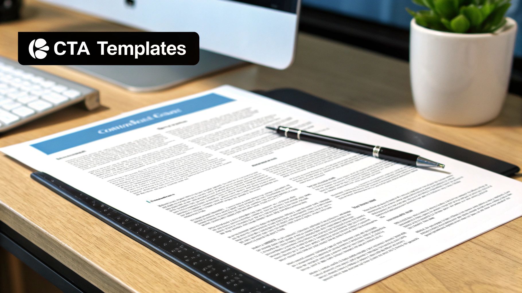 A document with a pen on a wooden desk, next to a computer and a plant, with a 'CTA Templates' label.
