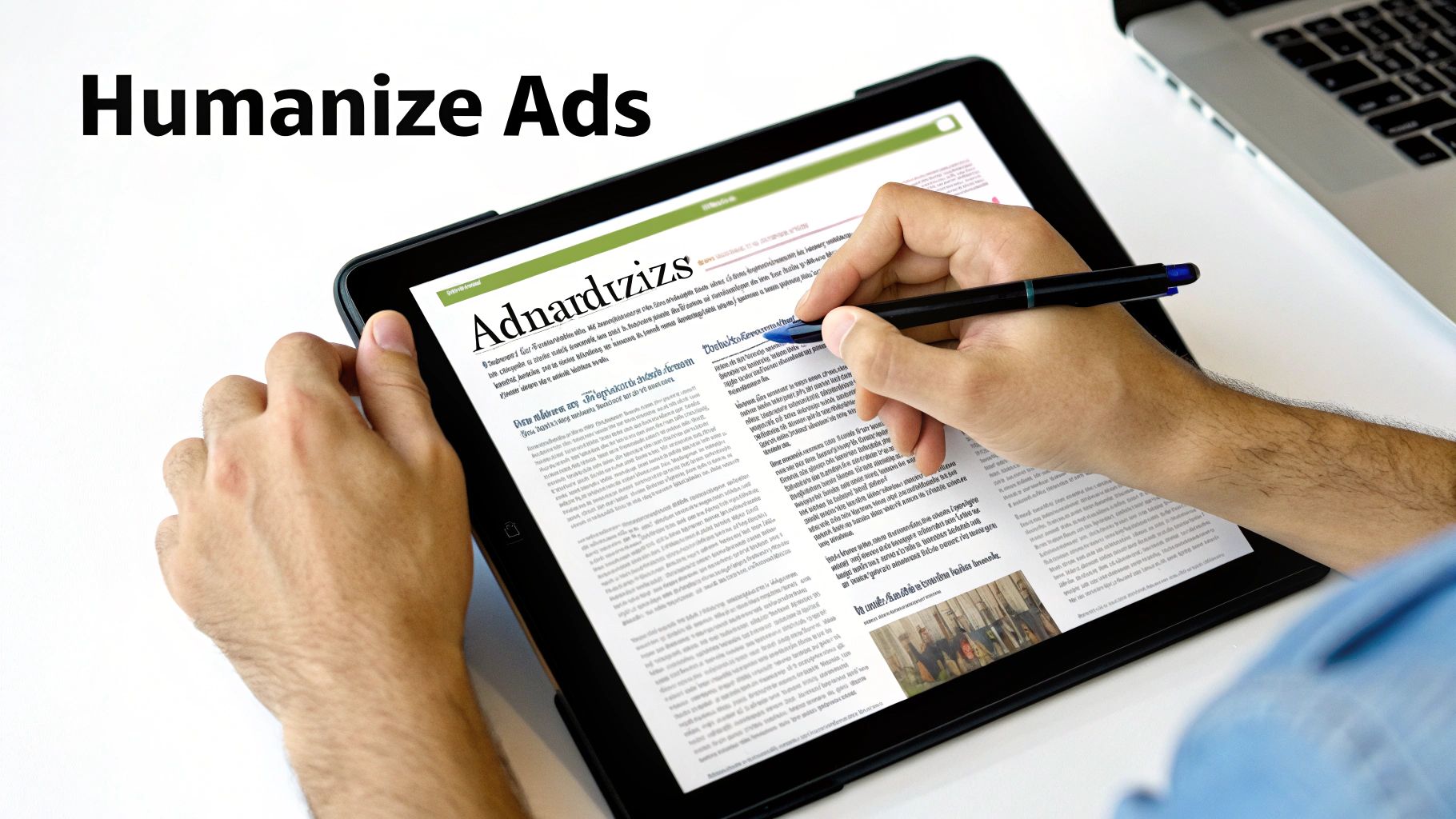 An artist's hands carefully adjusting a digital painting on a tablet, symbolizing the human touch on AI-generated ads.