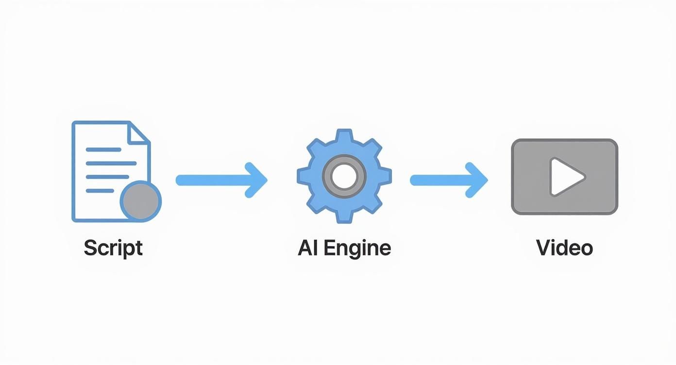 Workflow diagram showing script document processed by AI engine to create video content