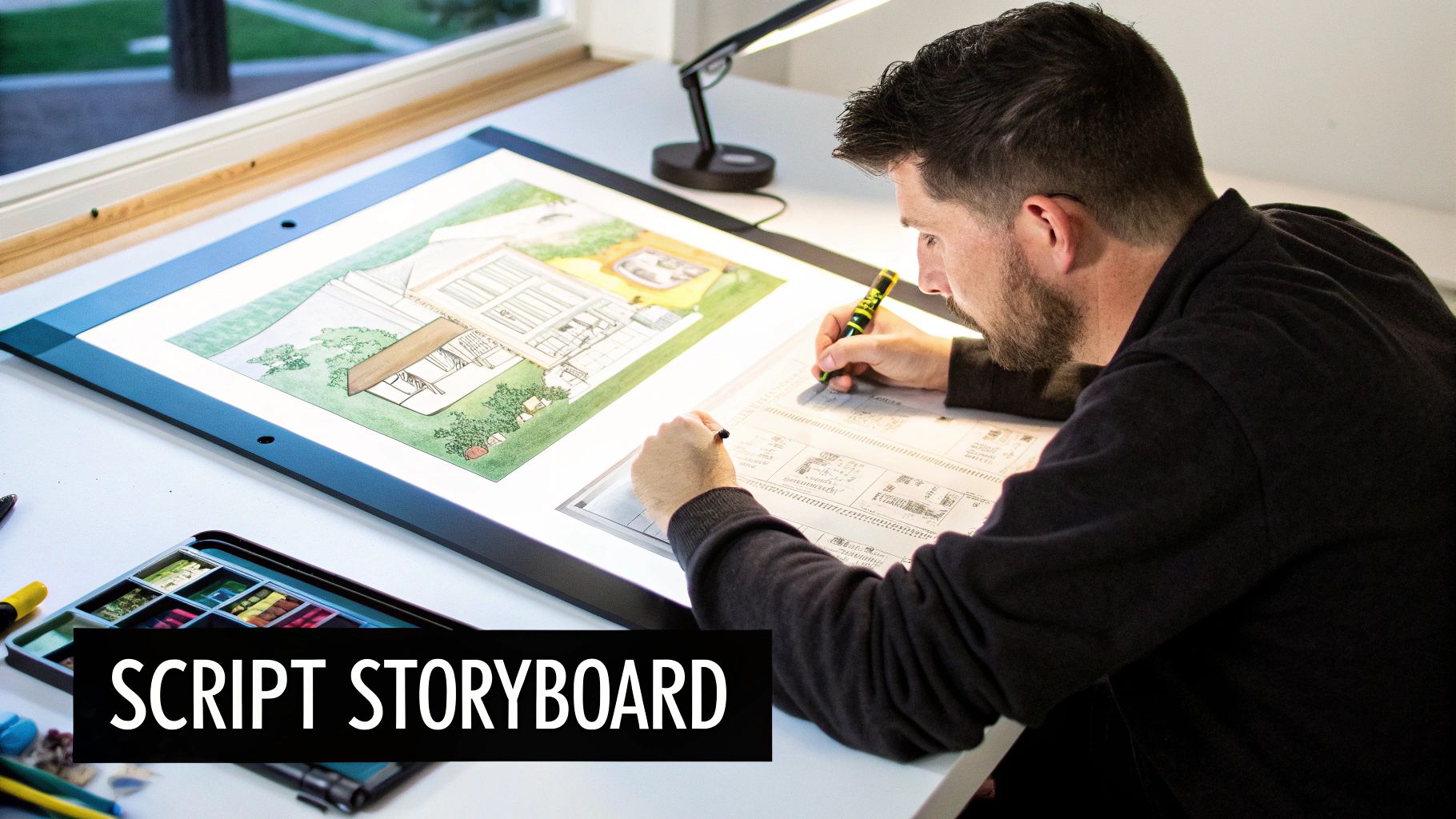 A person setting up a camera and lighting equipment for a professional video shoot in a clean, modern office space.