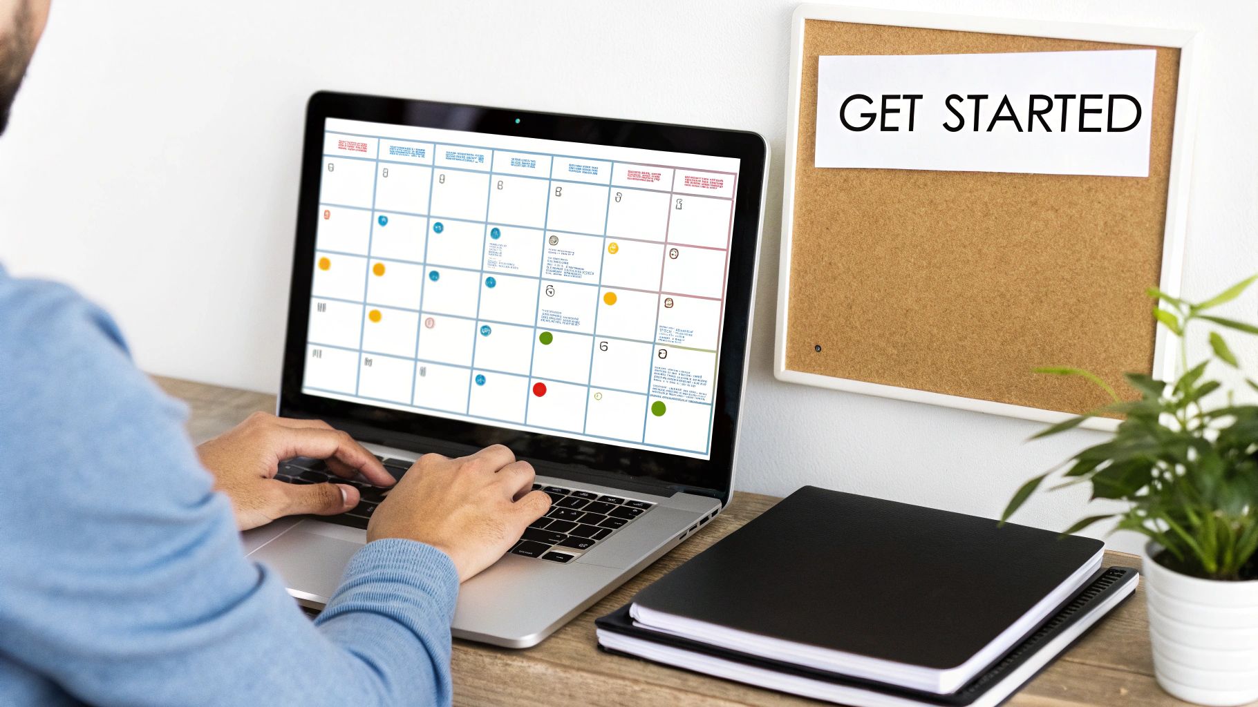 A person works on a laptop displaying a digital calendar, next to a 'GET STARTED' sign.