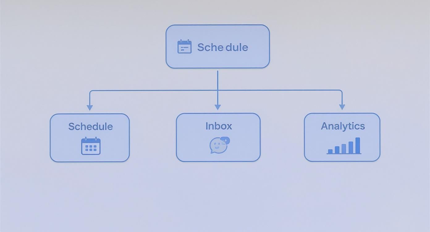 Diagram depicting a software's main 'Schedule' feature linked to sub-features: 'Schedule', 'Inbox', and 'Analytics', each with an icon.