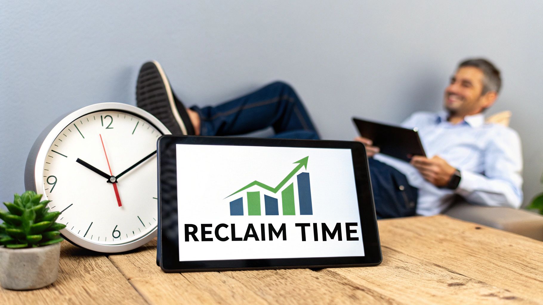 A man relaxes while a tablet displays 'RECLAIM TIME' next to a clock, symbolizing efficient time management.