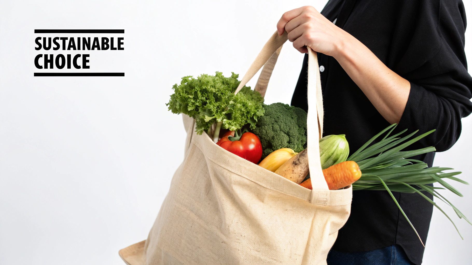 Sustainable choice: a person carries a reusable grocery bag brimming with fresh, organic produce.