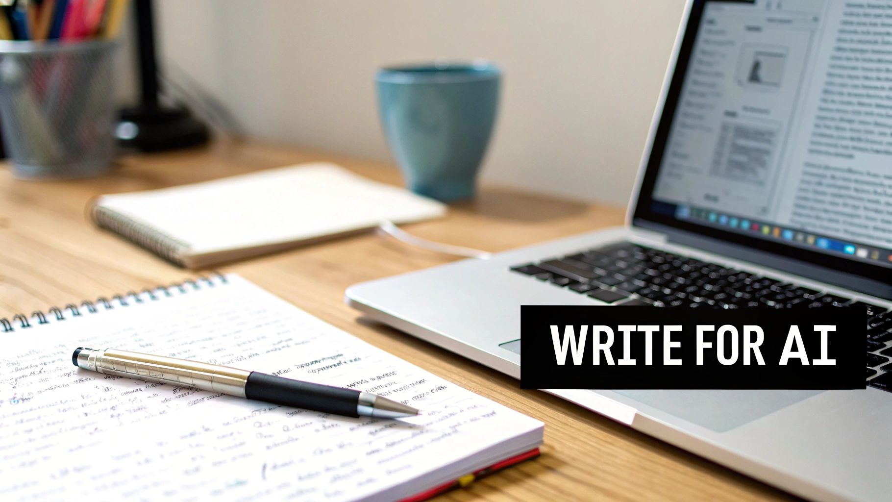 Laptop with notebook and pen on wooden desk for content writing and AI technology