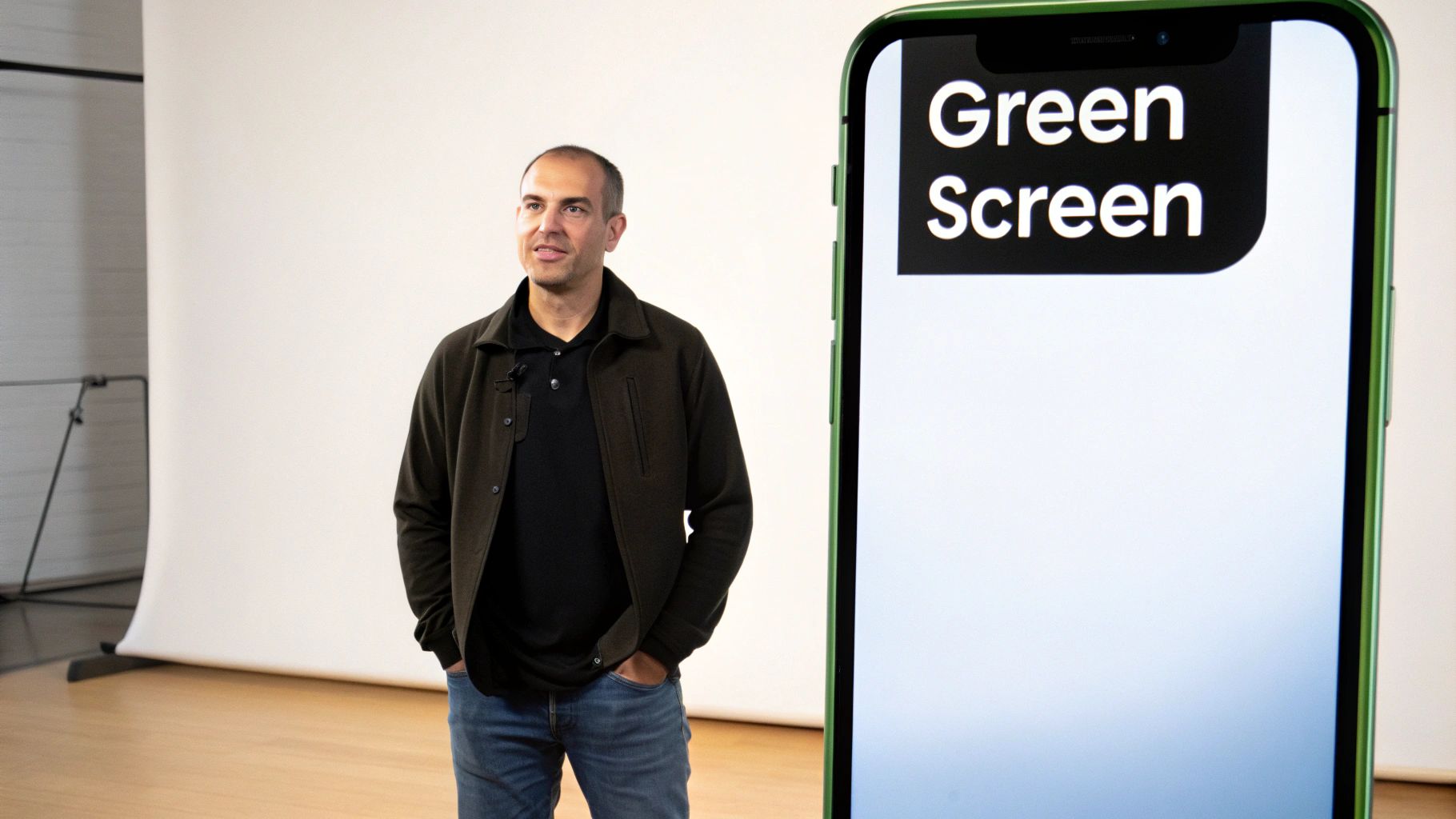 A man stands in a studio next to a green-framed smartphone displaying "Green Screen" on its display.