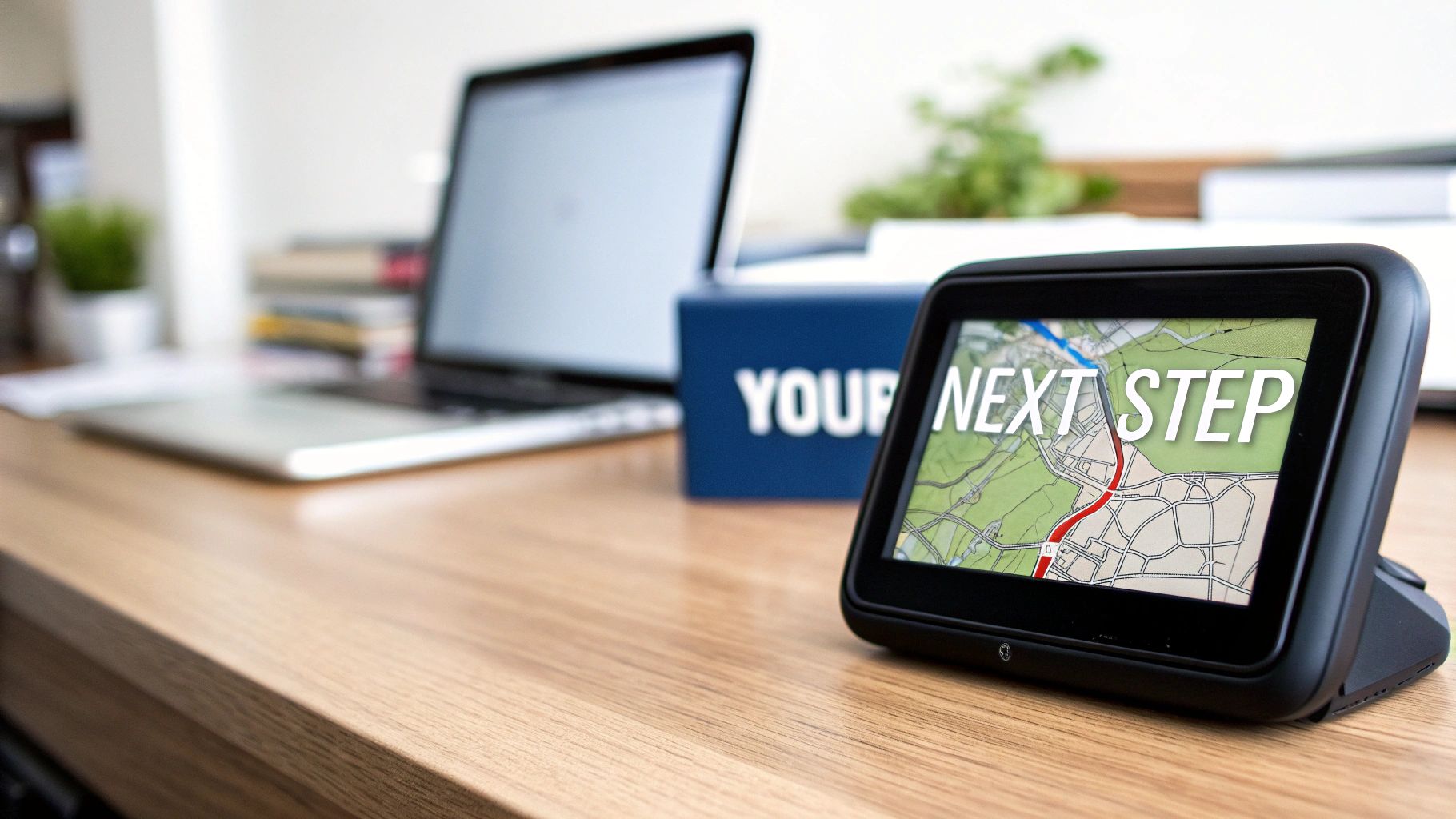 A GPS navigation device on a wooden desk displays 'YOUR NEXT STEP' over a map, with a laptop blurred in the background.