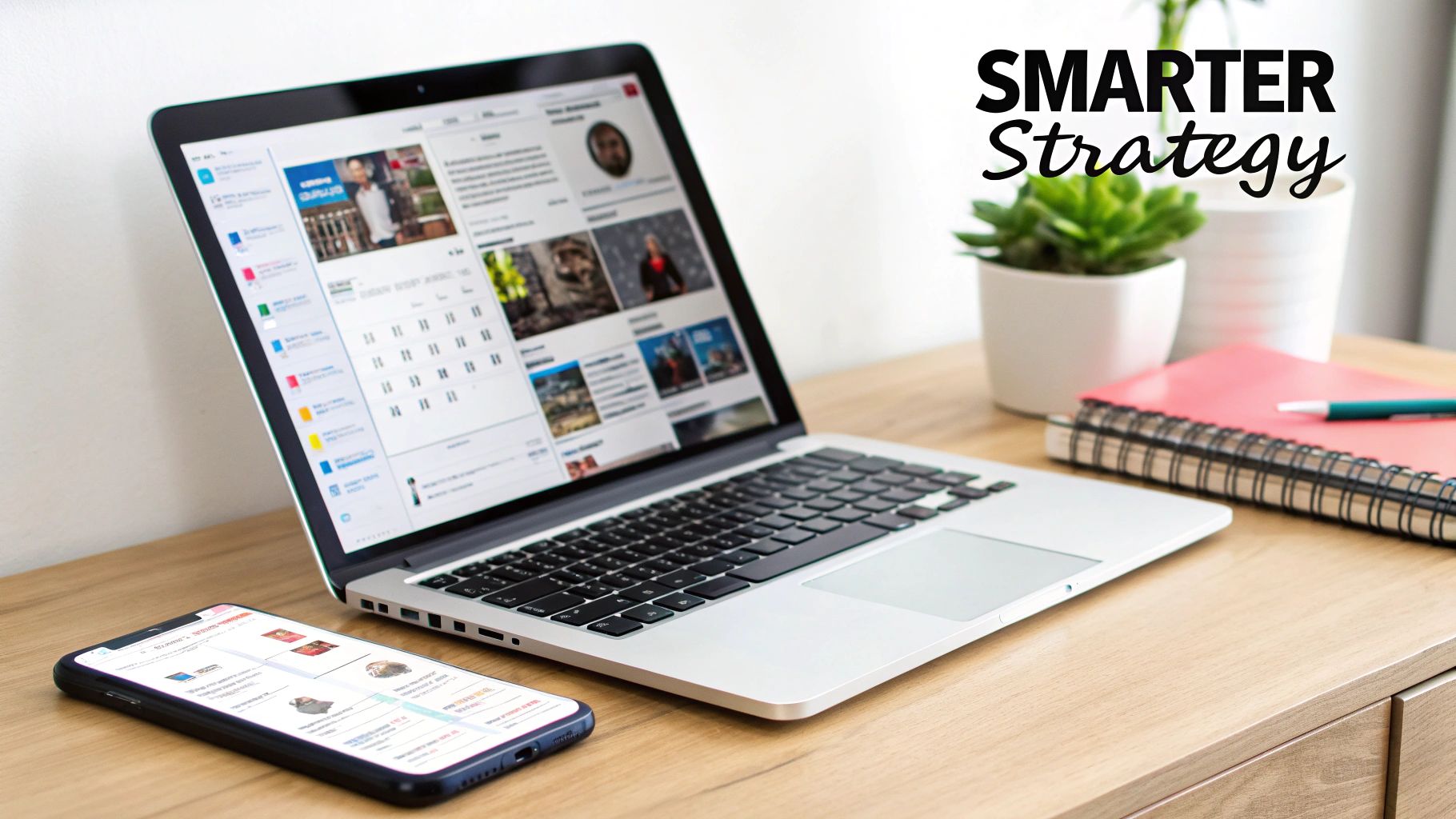 Laptop and smartphone showing social media content planning on a wooden desk with office supplies.
