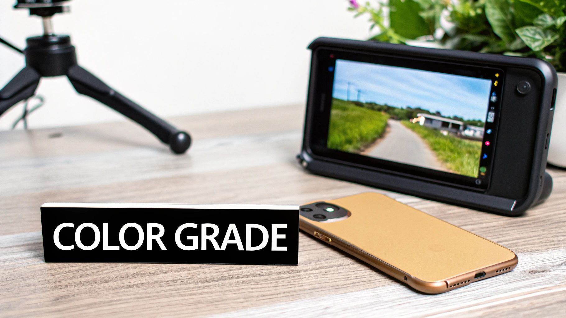 A 'COLOR GRADE' sign on a wooden table next to a smartphone recording a video, with a tripod.