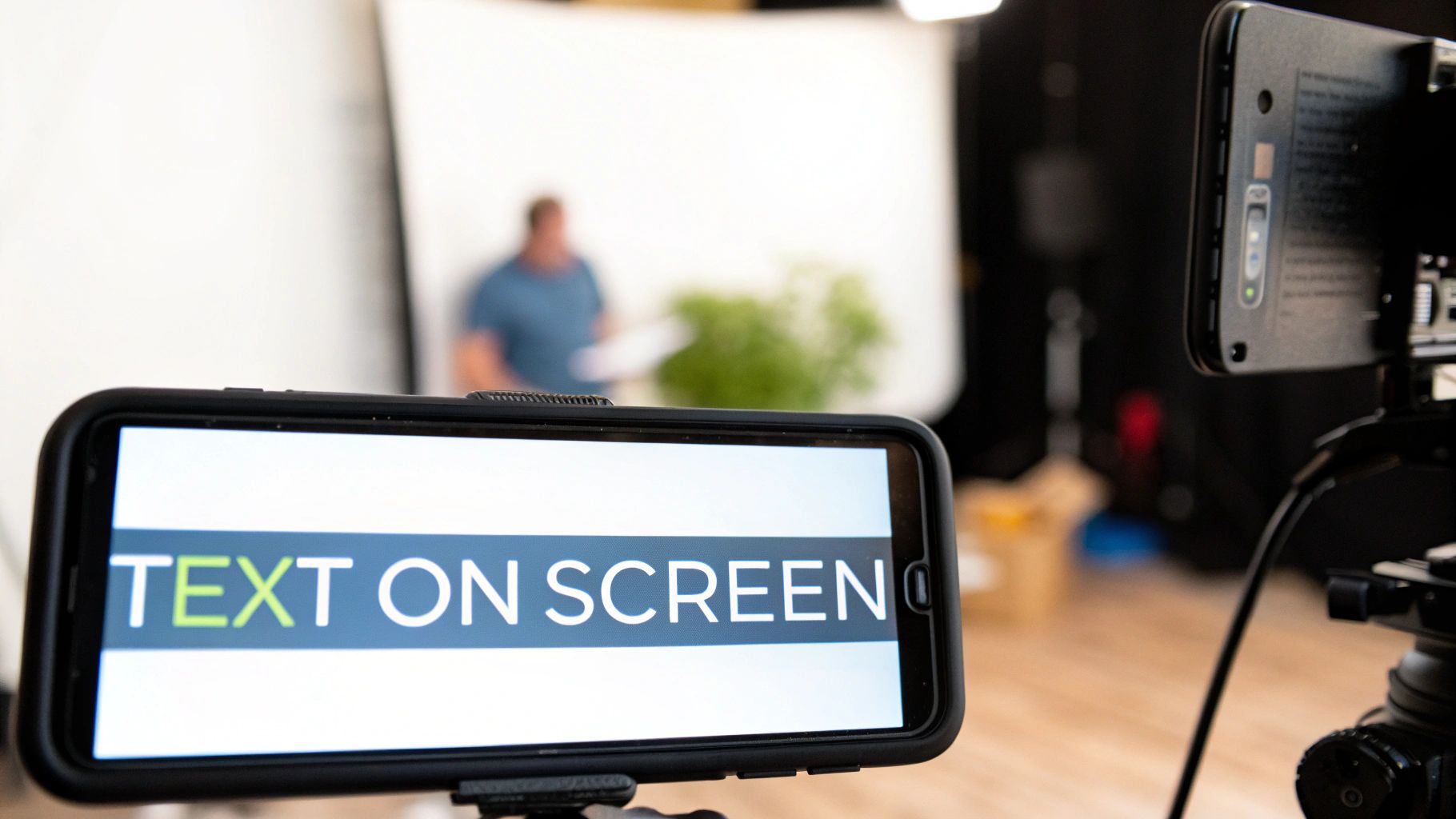 A smartphone displaying 'TEXT ON SCREEN' on its display in a video recording setup.