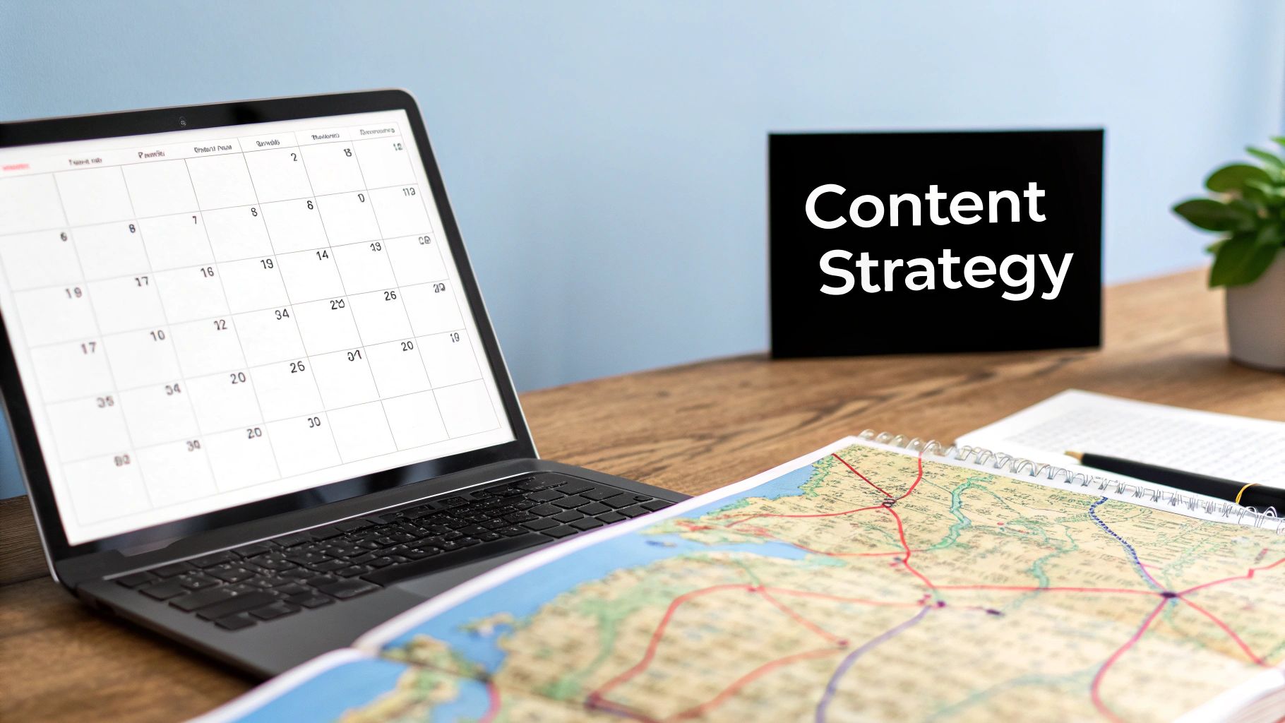 A woman working on a content calendar on a large screen, showing various charts and schedules.