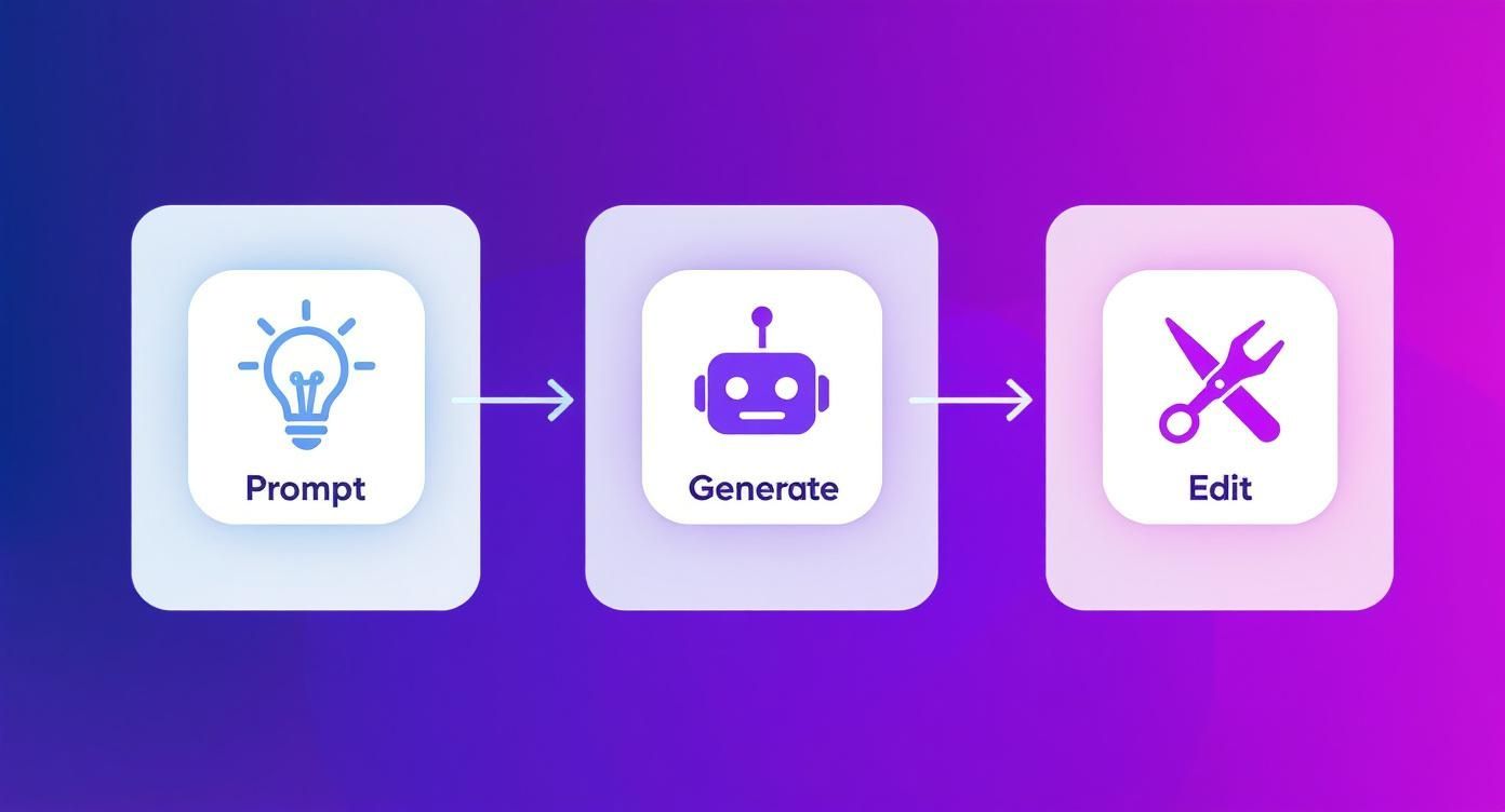 A visual workflow diagram illustrating the steps from prompting an idea to generating and editing content.